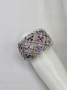 Swarovski Crystal Elements Silver Wide Band Ring Size Pink Purple Blue Size 6.25
